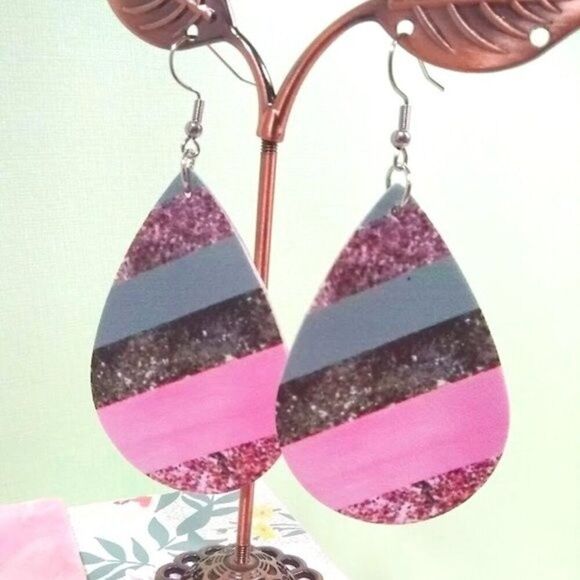 Pink & Gray  Sparkle Stripes Teardrop Earrings - Picture 1 of 6